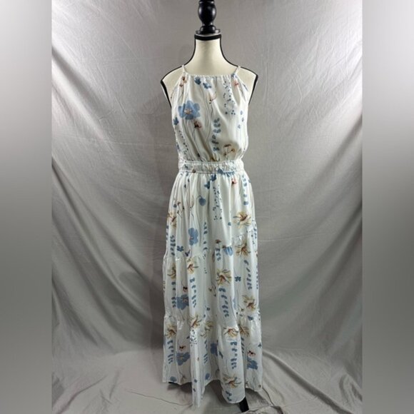 Floral Print Halter Neck Cinched Waist Dress White - Picture 4 of 6